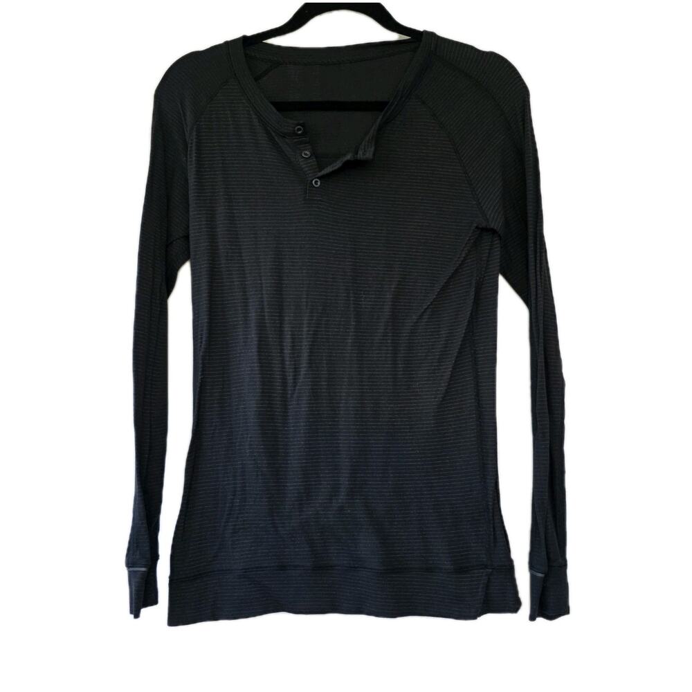 EUC Lululemon Women’s 6 Black & Gray Striped Henley Runamuck Long Sleeve Top